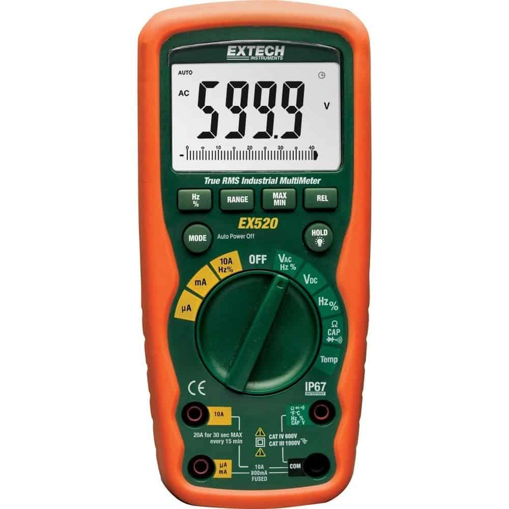 Extech EX520 True RMS Heavy Duty Multimeter, 20A, CAT IV 600V, IP67, Capacitance, Frequency and Temperature Measurement