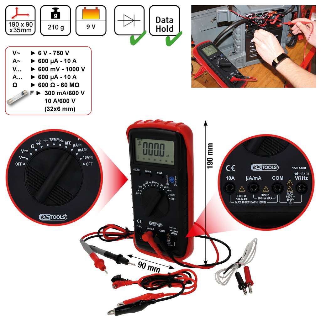 KS Tools 150.1480 Digital multimeter, including test prods and crocodile clamps
