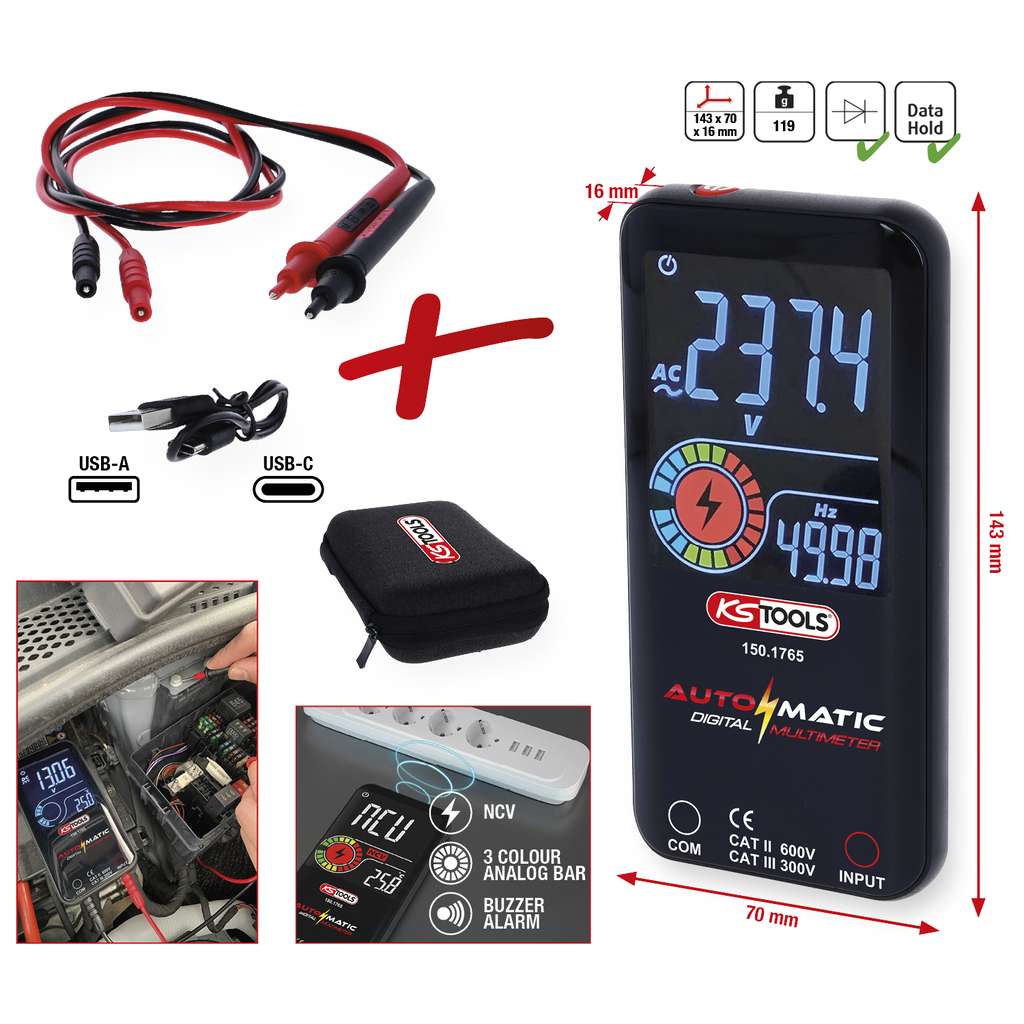 KS Tools 150.1765 Automatic digital multimeter incl. test probes